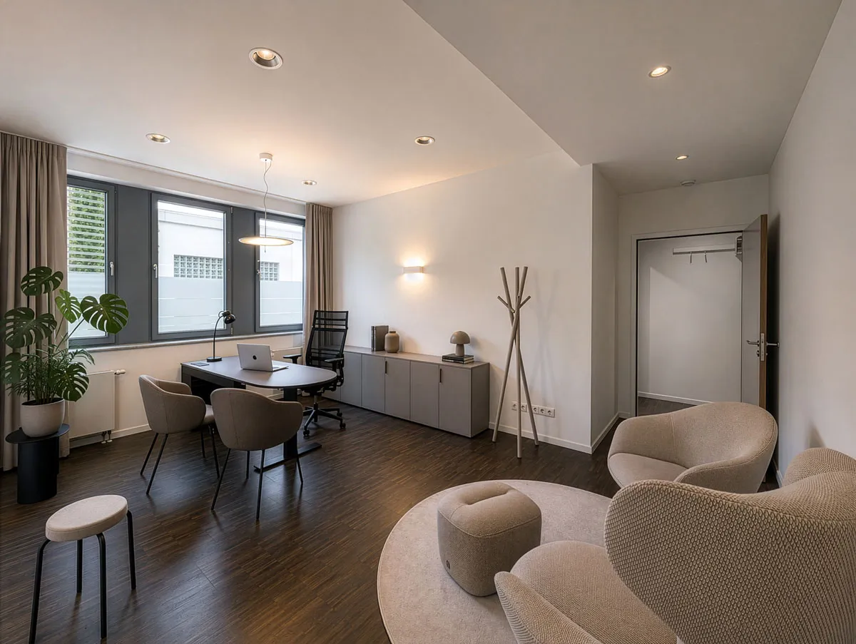 Sprechzimmer mit Besprechungstisch, Sideboard und Sesselgruppe