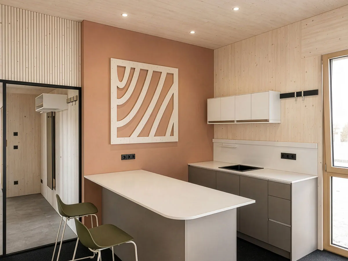 Teeküche mit Theke, Holzrelief an der Wand und Haken an der Wandleiste