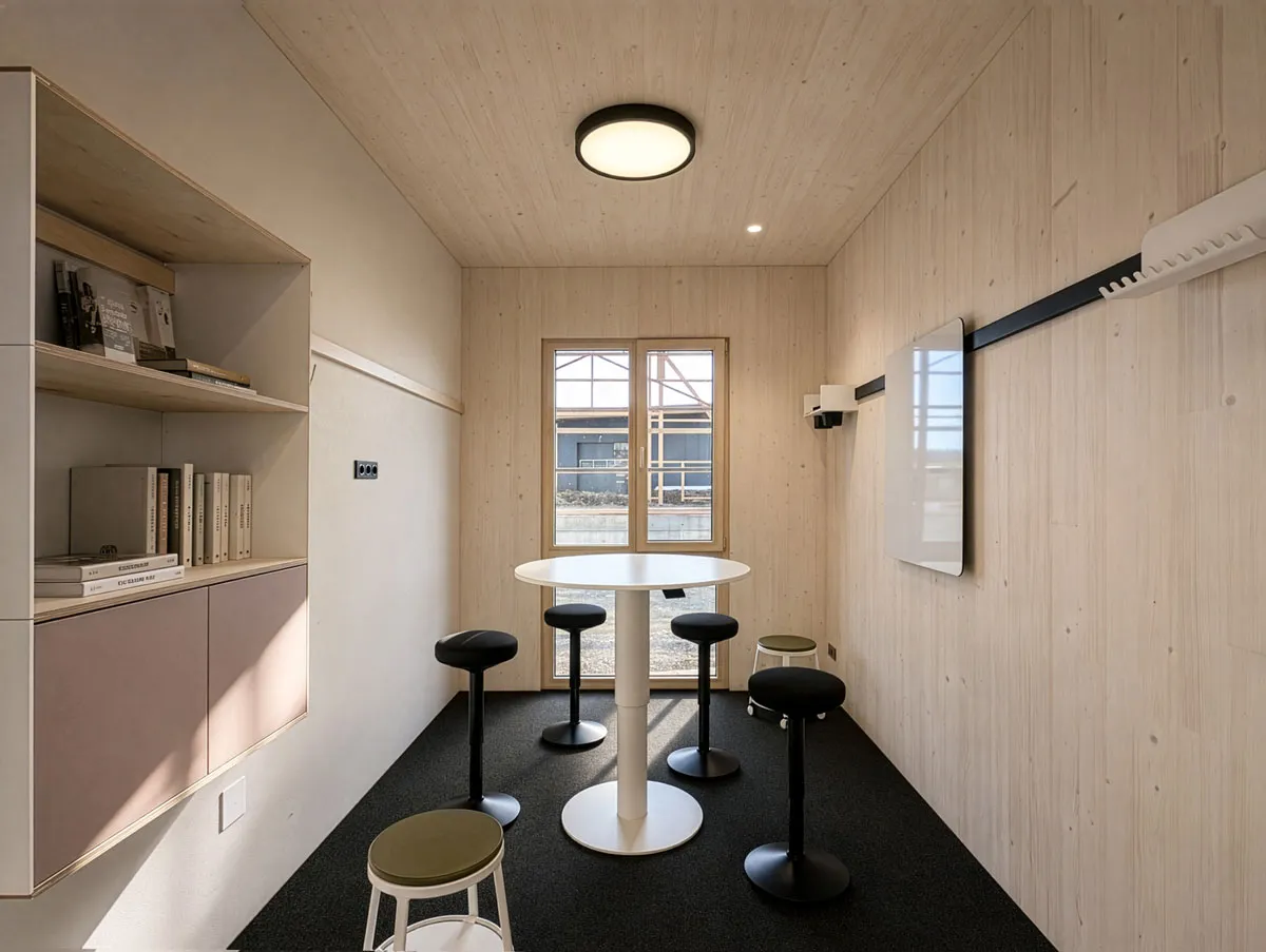 Besprechungsraum mit Stehtisch und Whiteboard an der Wandleiste