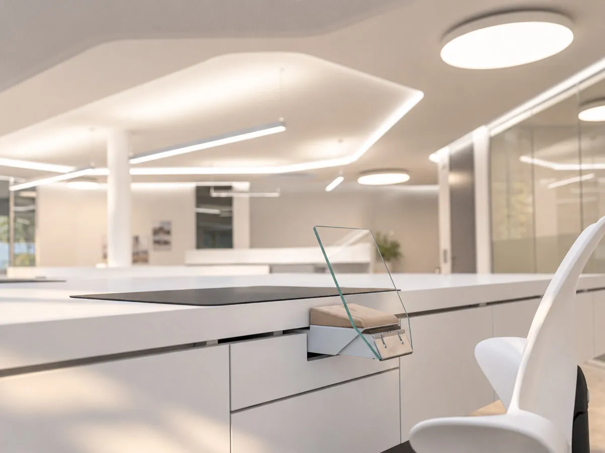 Laborarbeitsplatz mit ausziehbarer Handauflage und Glas-Spritzschutz